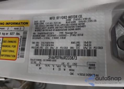 2018 Ford Fusion Se z USA, uszkodzony, nr VIN 3FA6P0T96JR233873